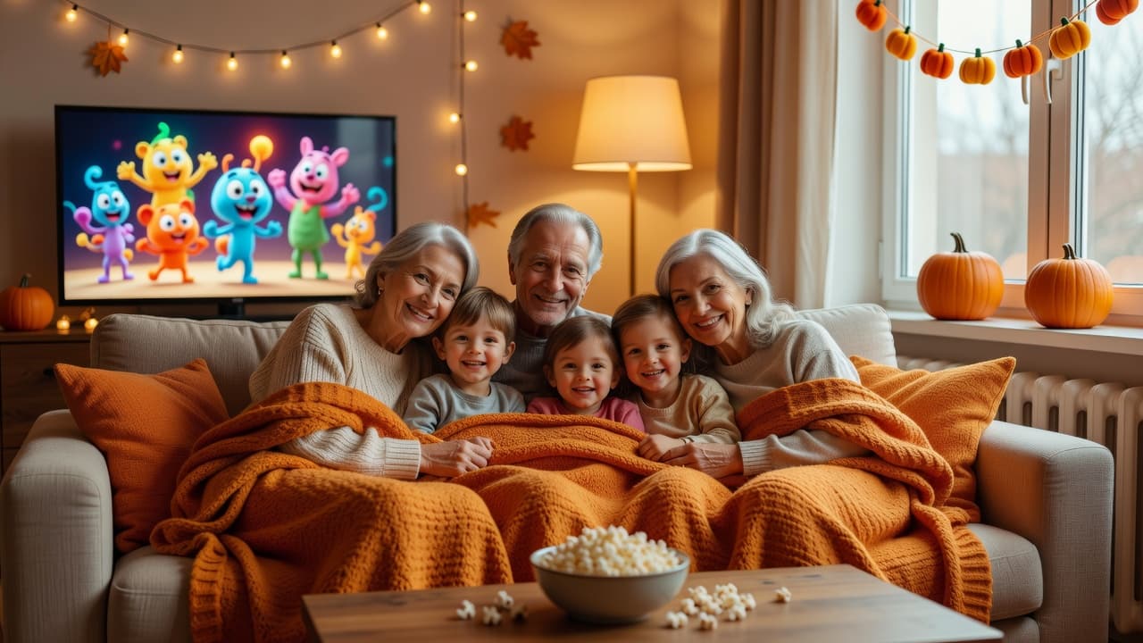 A cozy living room with a mixed-age family of five sitting on a couch under one large orange blanket