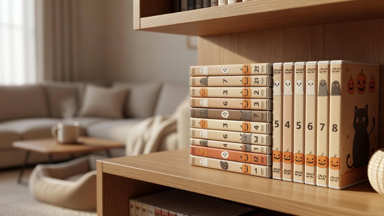 a stack of Halloween-themed DVD cases arranged in a numbered row on a wooden shelf, cozy home theater setting, no visible logos or text