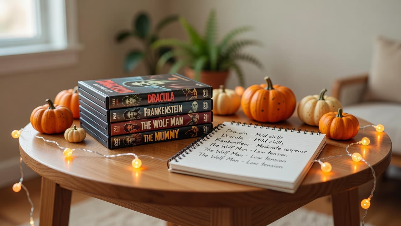 A stack of classic horror movie cases on a wooden table beside a notepad with intensity ratings scribbled in pencil