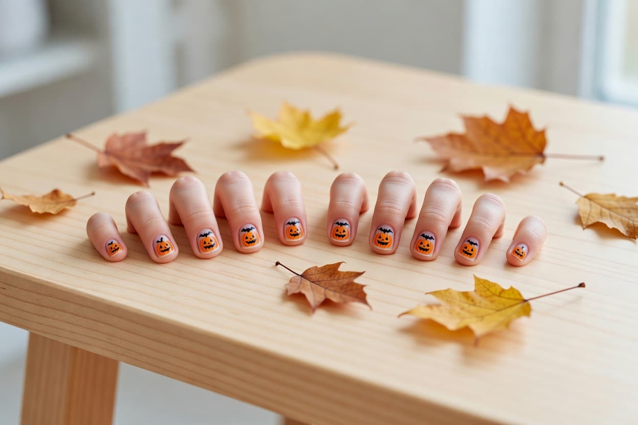 Close-up of ten short fingernails featuring simple orange and black Halloween designs like small pumpkins and bats