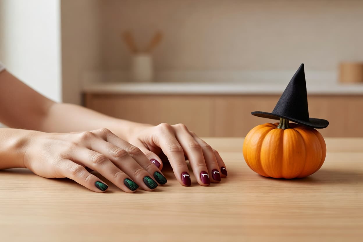 Close-up of two hands resting on a wooden surface with Halloween nail art: matte black nails with green broomstick lines on one hand and burgundy nails with white fang accents on the other