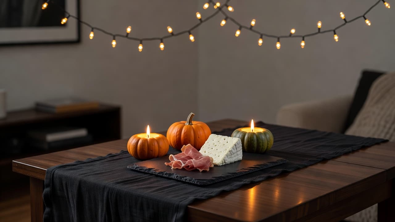 A dark wooden table set with a black linen runner