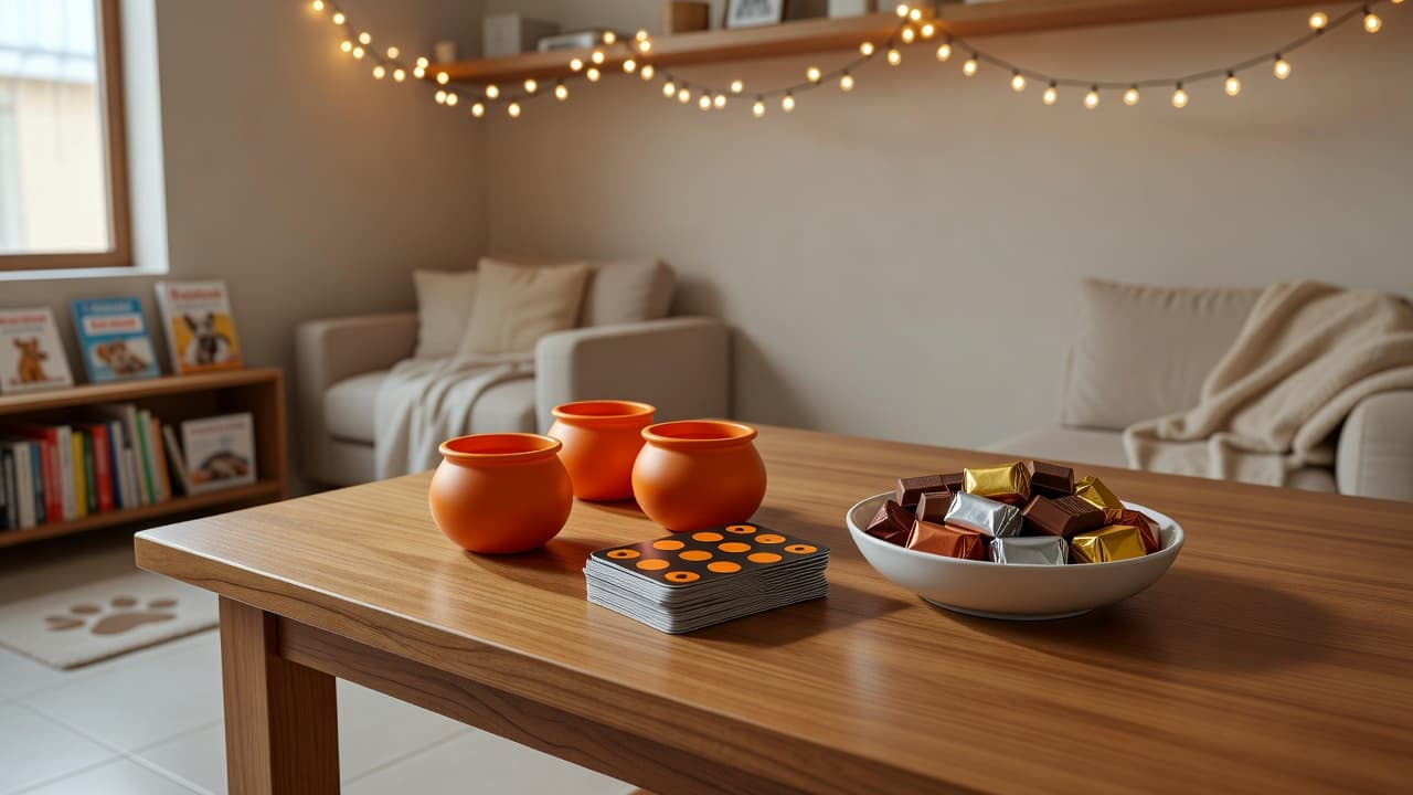 A wooden table with three orange plastic cauldrons