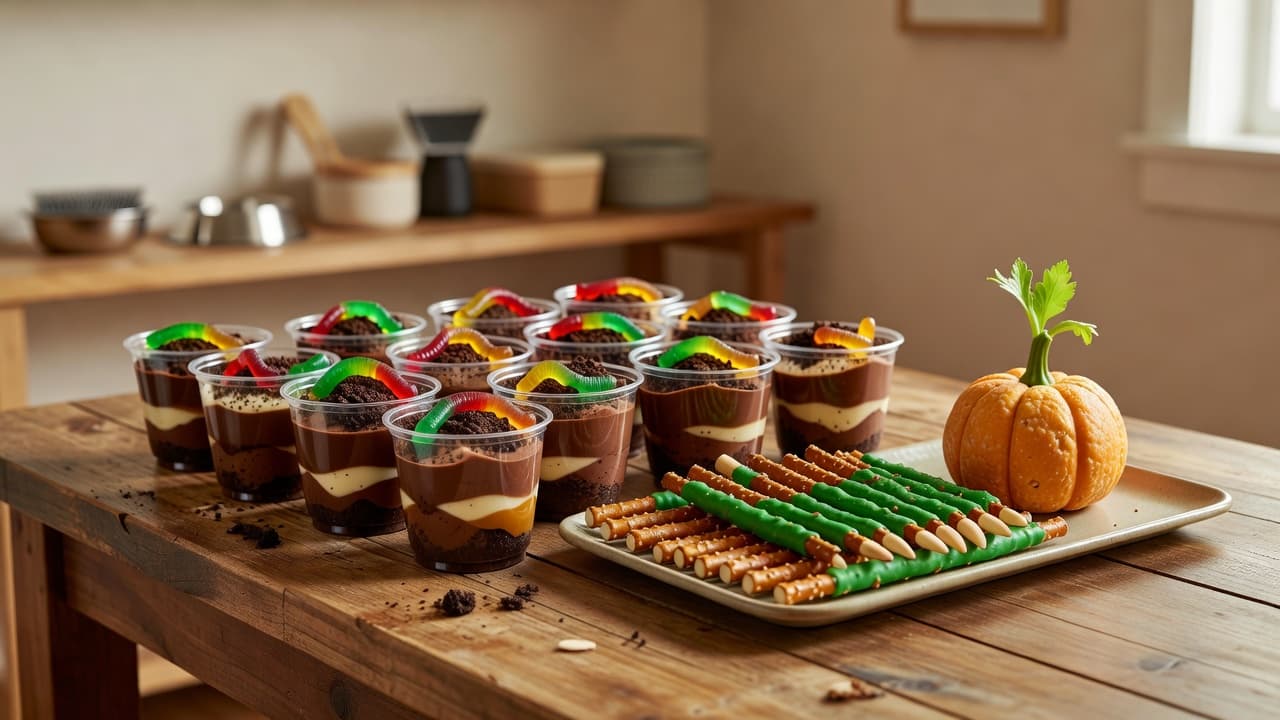 A wooden kitchen table covered with clear plastic cups of layered chocolate pudding topped with cookie crumbs and gummy worms