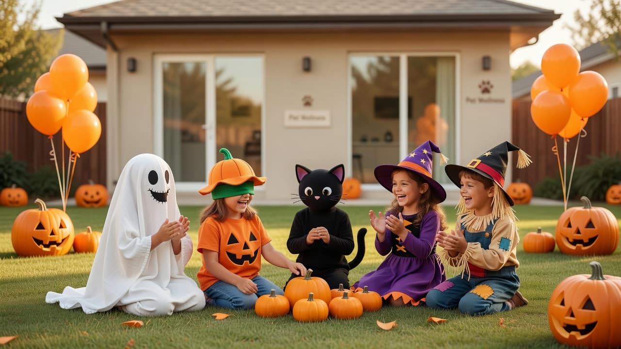 kids in Halloween costumes playing party games in a decorated backyard with pumpkins and orange balloons, sunny afternoon, joyful