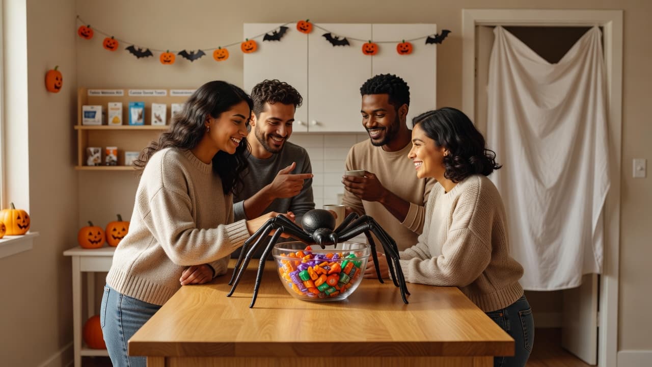 Friends gathered around a kitchen counter with a large plastic spider resting on a candy bowl and a white sheet draped over a nearby doorway