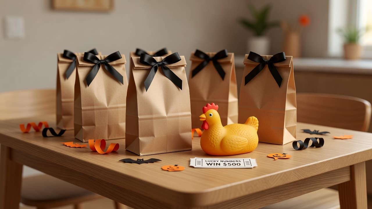 A wooden party table with several brown paper bags tied with single black ribbon