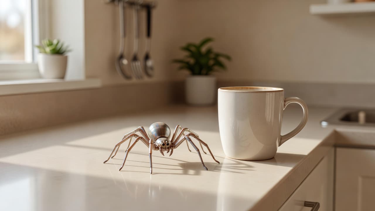 a fake plastic spider placed on a kitchen counter next to a coffee mug, playful prank setup, daytime, no people