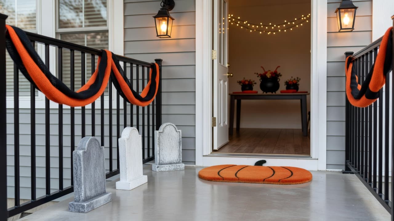 A front porch entrance with black and orange burlap garland on the railing