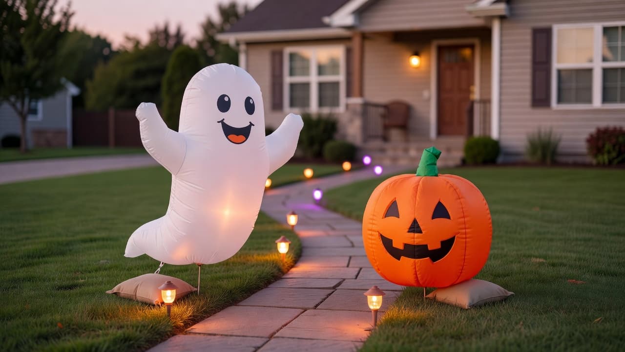 A cheerful 6-foot inflatable ghost and matching pumpkin standing on a suburban front lawn at dusk