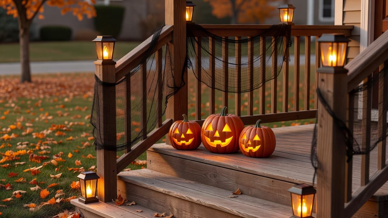 A suburban front porch with three resin jack-o-lanterns on the top step