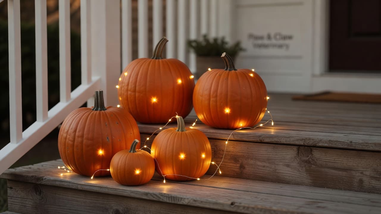 A front porch at dusk with five pumpkins of three different sizes arranged on wooden steps