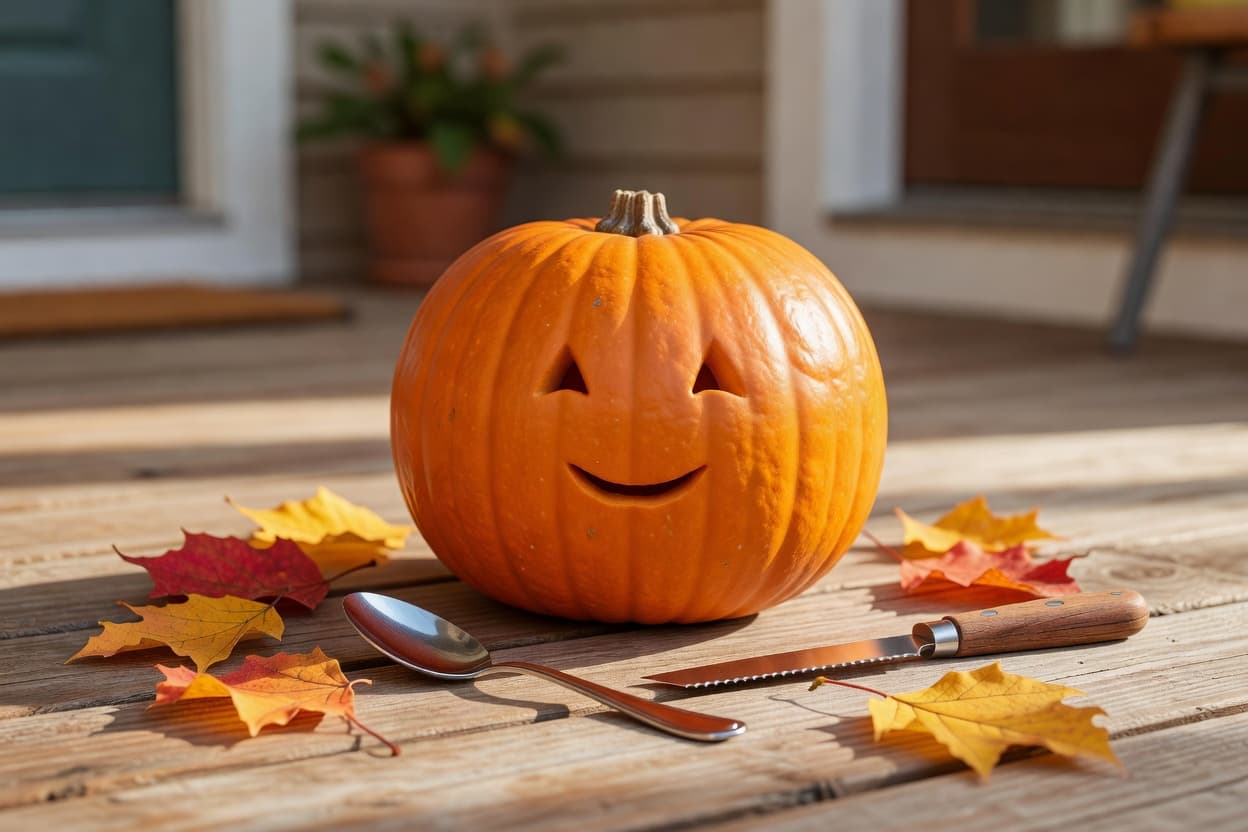 Close-up of an orange pumpkin on a wooden porch with a simple triangle-eyed carved face