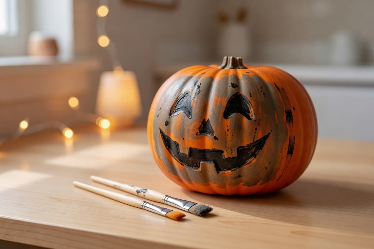 Close-up of an orange pumpkin painted with acrylics showing black and gray layers that create the illusion of carved eyes and mouth