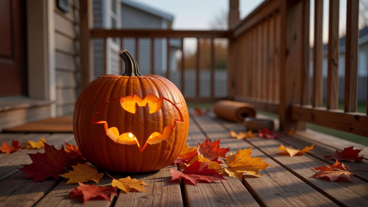 A single carved pumpkin on a wooden porch at dusk showing a large simple bat silhouette cutout with warm light glowing from inside
