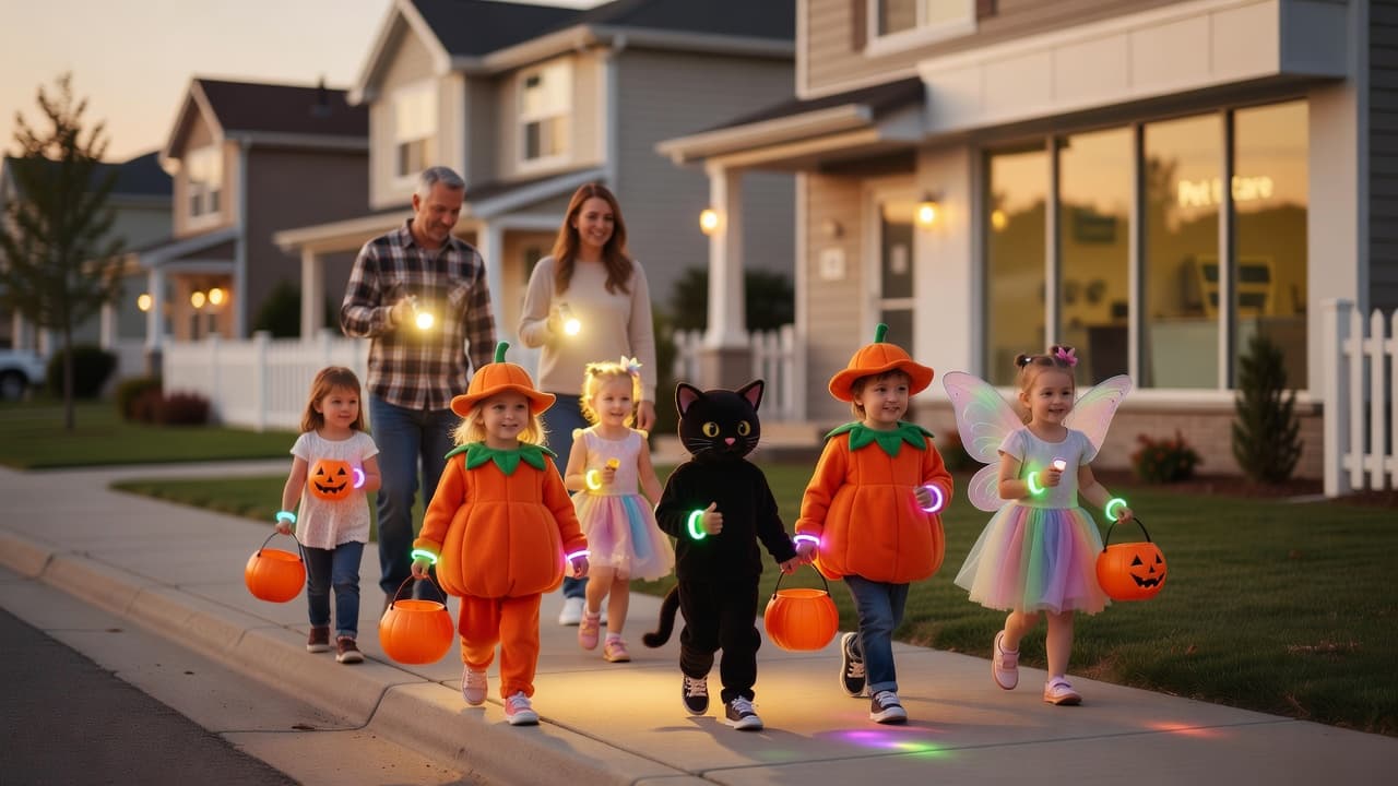 suburban street at dusk with children in colorful costumes carrying pumpkin buckets and glowing bracelets while parents hold flashlights
